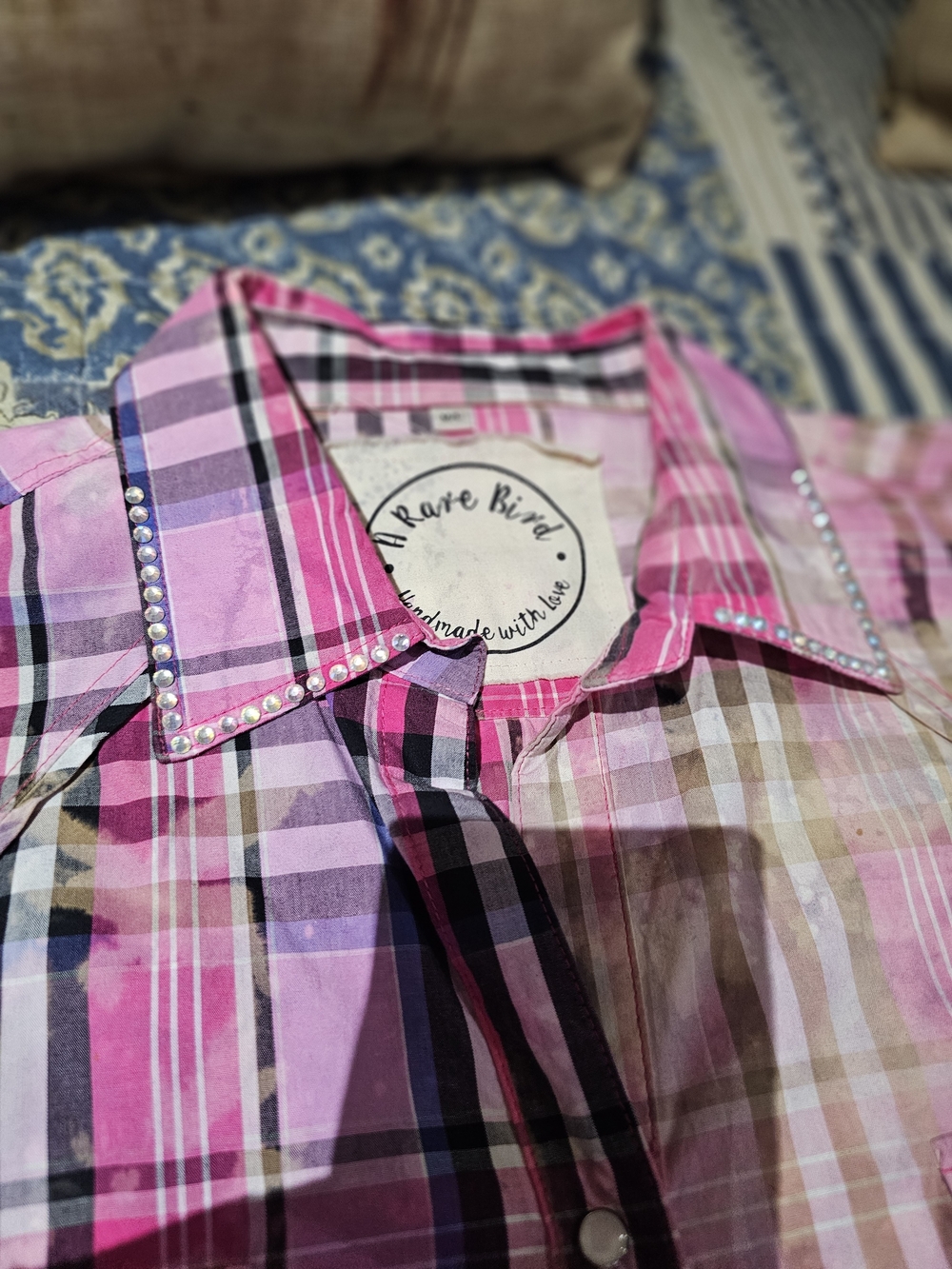 Women's Wester Cut Pink Plaid Pearl Snap-Front Shirt Dress With Crystal Accents - Picture 5 of 10